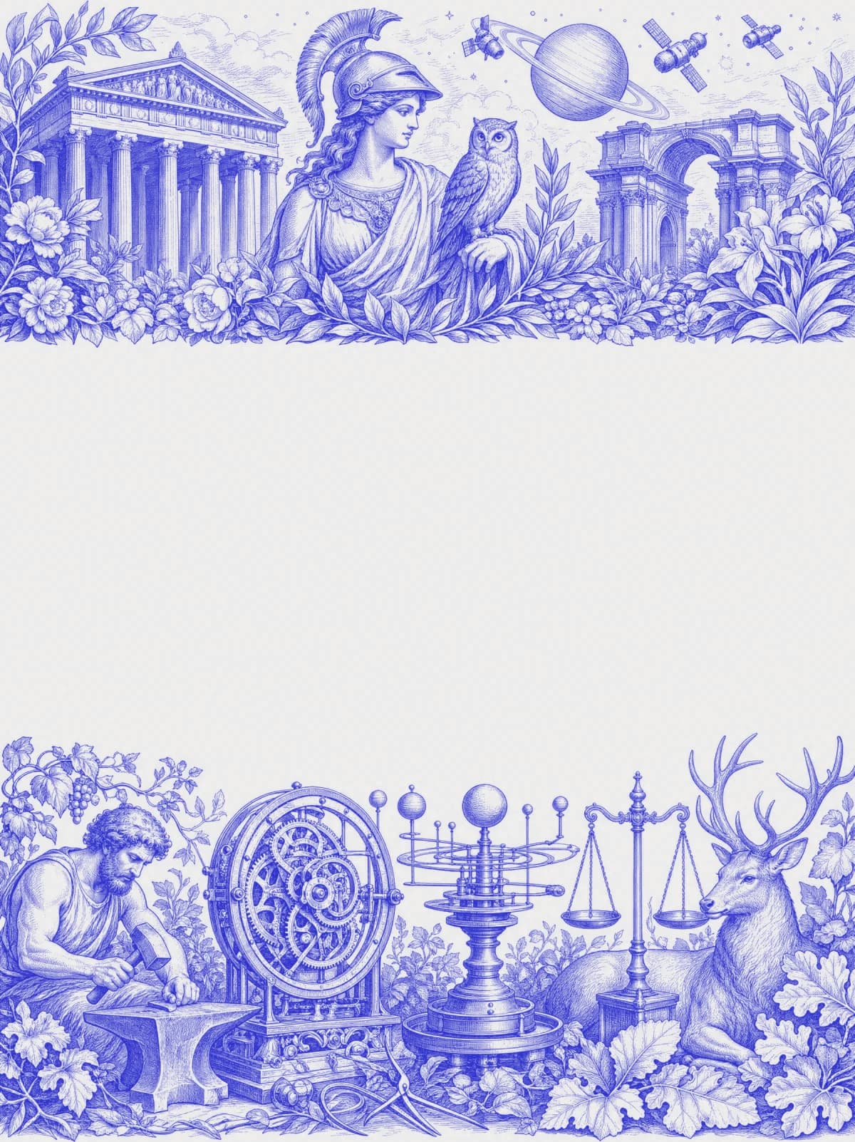 An ornate cobalt blue engraving: a classical goddess of wisdom with a temple and an owl, framing the page title